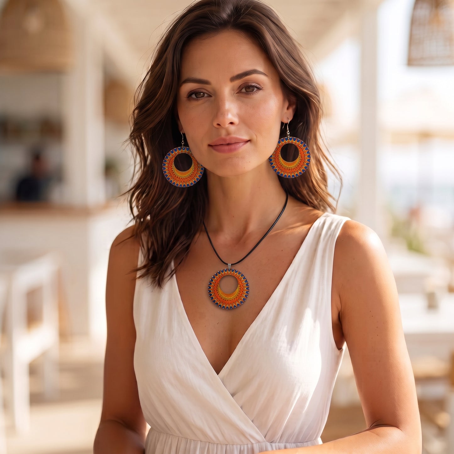 Boho Wooden Necklace & Earrings Set – Style 6, Handmade Matching Printed Wood Jewellery