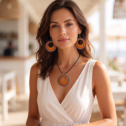 Boho Wooden Necklace & Earrings Set – Style 6, Handmade Matching Printed Wood Jewellery