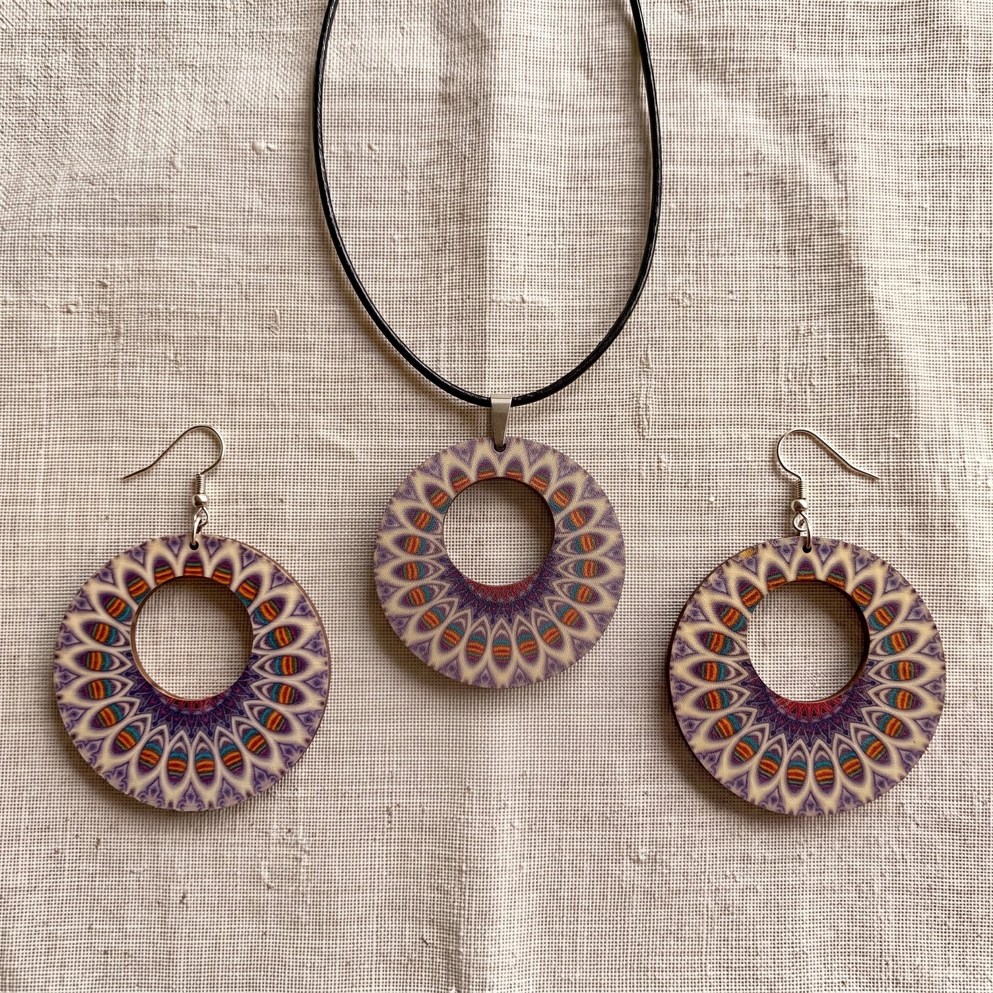 Boho Wooden Necklace & Earrings Set – Style 1, Handmade Matching Printed Wood Jewellery