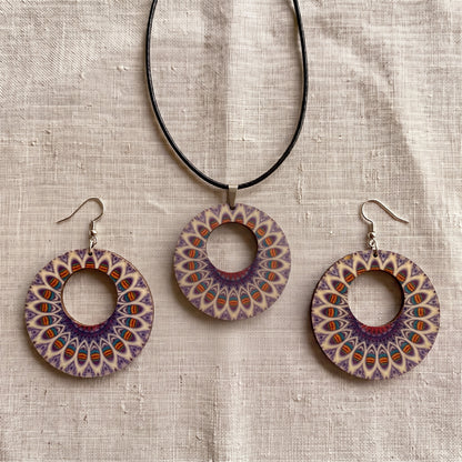Boho Wooden Necklace & Earrings Set – Style 1, Handmade Matching Printed Wood Jewellery
