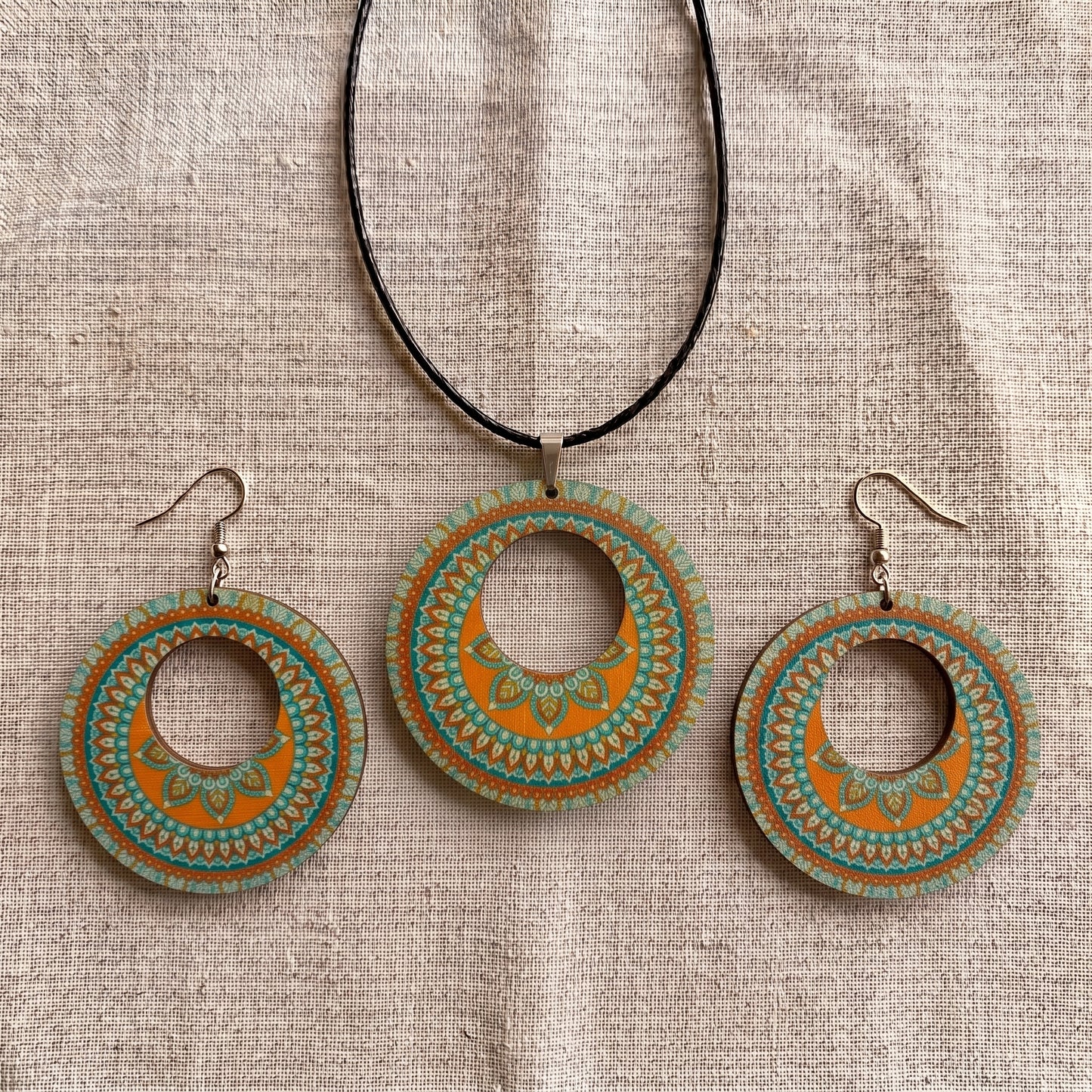Boho Wooden Necklace & Earrings Set – Style 11, Handmade Matching Printed Wood Jewellery