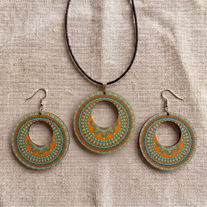 Boho Wooden Necklace & Earrings Set – Style 11, Handmade Matching Printed Wood Jewellery