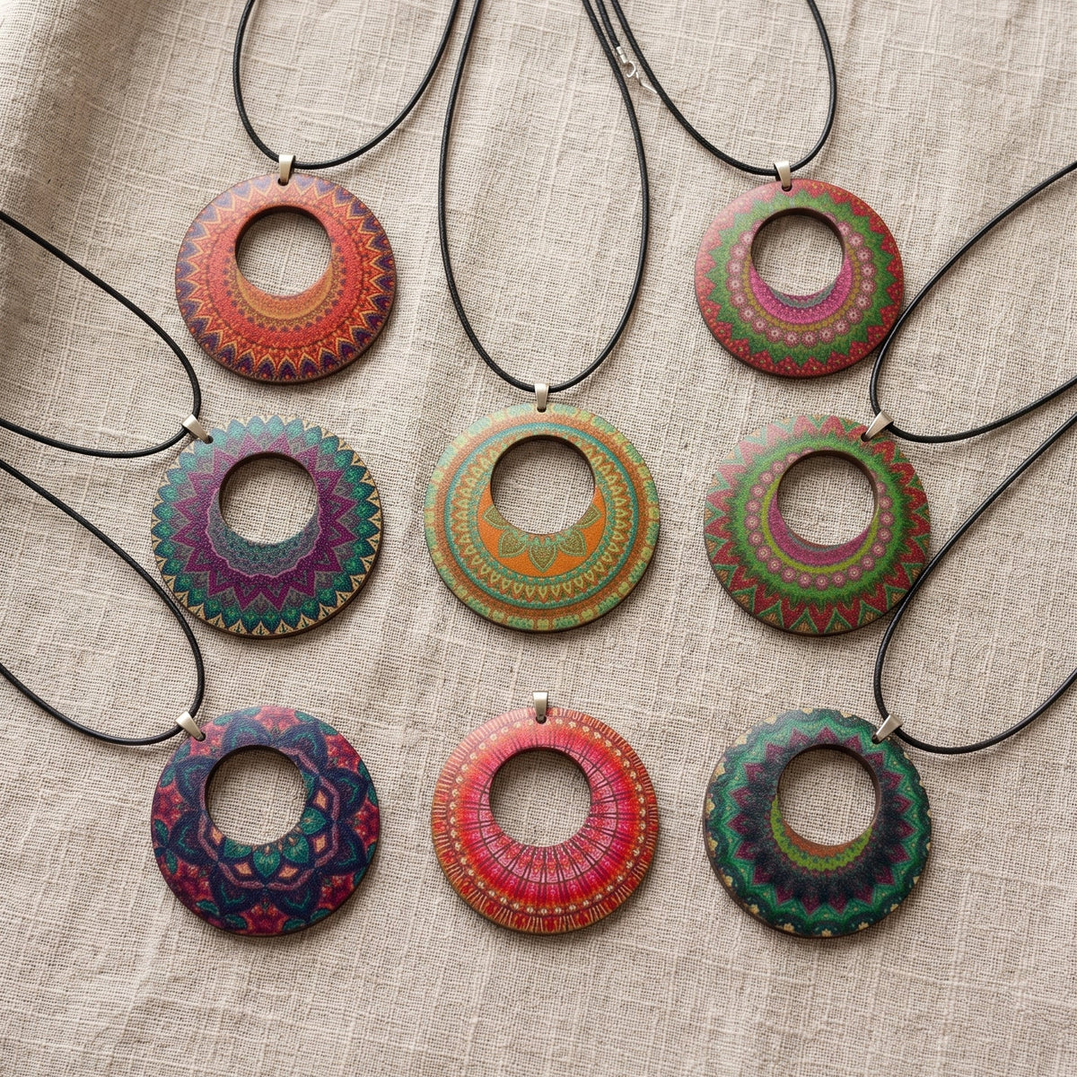 Boho Wooden Pendant Necklace | Printed Round Necklace | 10 Designs
