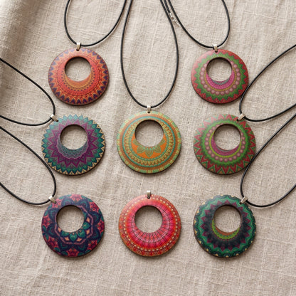 Boho Wooden Pendant Necklace | Printed Round Necklace | 10 Designs