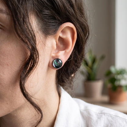Aurora Borealis Swirl Studs, Handmade Iridescent Dome Earrings