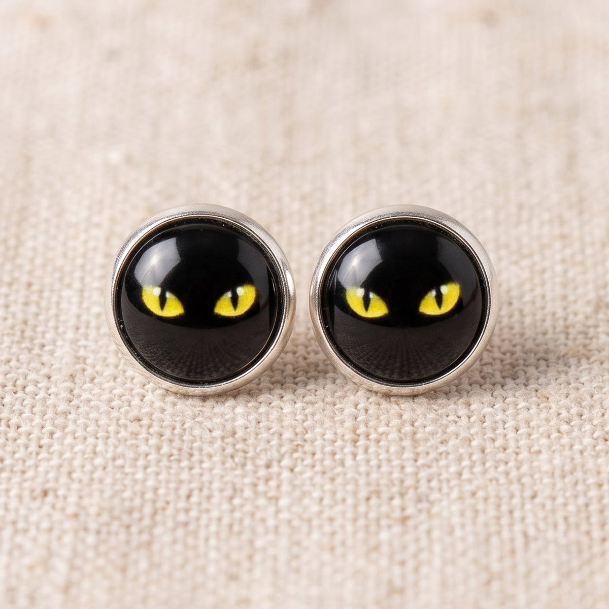 Black Cat Eye Stud Earrings | Halloween Glass Cabochon Studs | 12mm