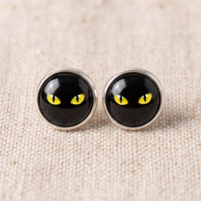 Black Cat Eyes Stud Earrings, Handmade Glass Cabochon Studs