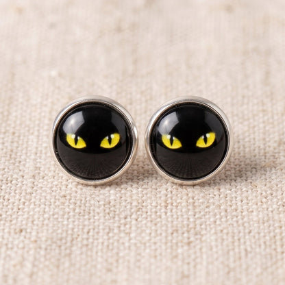 Black Cat Eye Stud Earrings | Halloween Glass Cabochon Studs | 12mm