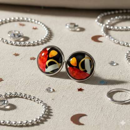 Geometric Glass Cabochon Stud Earrings 12mm | Colourful Artwork Design Silver Plated