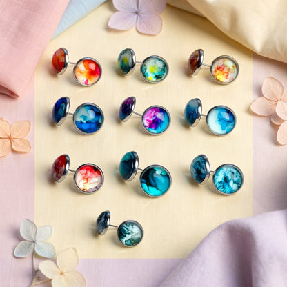 Watercolour Stud Earrings | Colourful Glass Dome Studs | 12mm