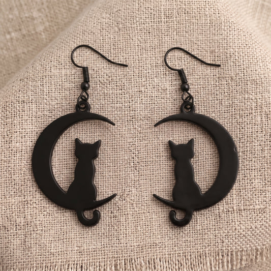 Cat on the Moon Dangle Earrings | Halloween Whimsical Drop Earrings