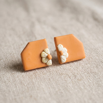 Polymer Clay Stud Earrings | Terracotta Retro Floral | New