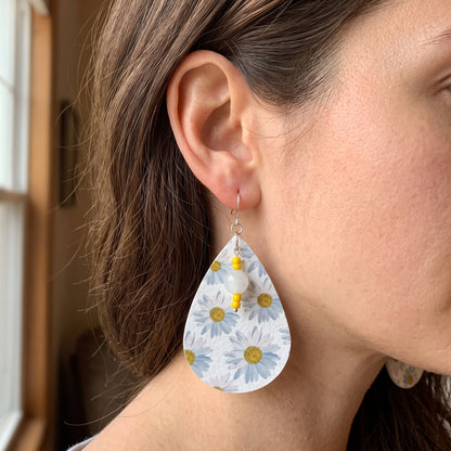 Sunflower Teardrop Earrings | Faux Leather Dangle Earrings | Silver