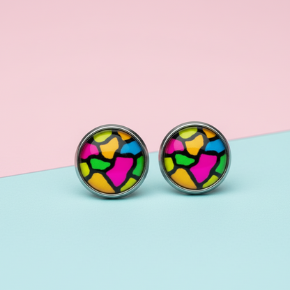 Colourful Stained Glass Style Stud Earrings – Vibrant Rainbow Pattern, Stainless Steel