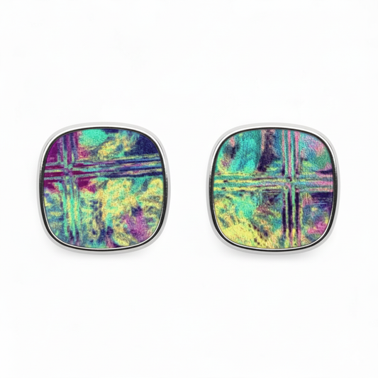 Colourful Printed Square Stud Earrings – 23mm Handmade on Stainless Steel Base