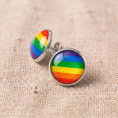 Rainbow Glass Dome Stud Earrings | Silver Rainbow Studs | 12mm