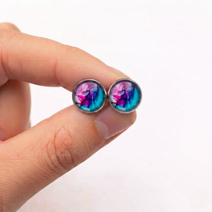 Watercolour Stud Earrings | Colourful Glass Dome Studs | 12mm