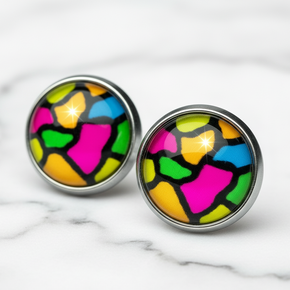 Colourful Stained Glass Style Stud Earrings – Vibrant Rainbow Pattern, Stainless Steel