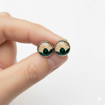 Geometric Glass Cabochon Stud Earrings 12mm | Colourful Artwork Design Silver Plated