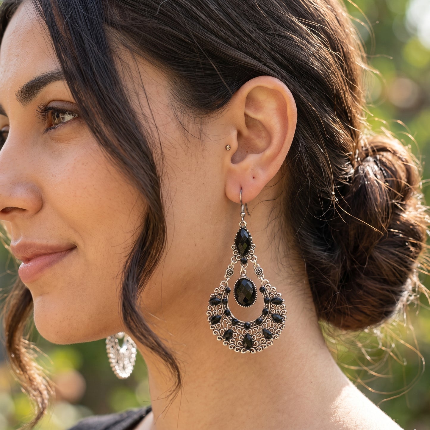 Boho Gothic Filigree Chandelier Drop Earrings Silver Black Statement New
