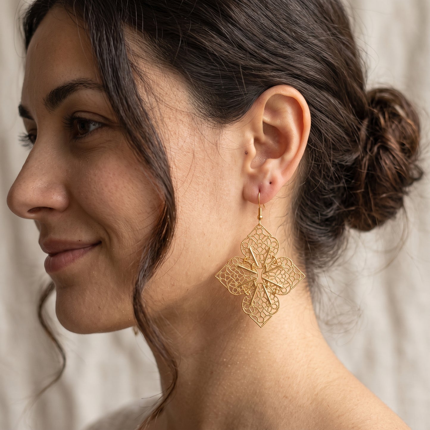 Gold Tone Floral Lace Filigree Drop Earrings Boho Statement Lightweight New