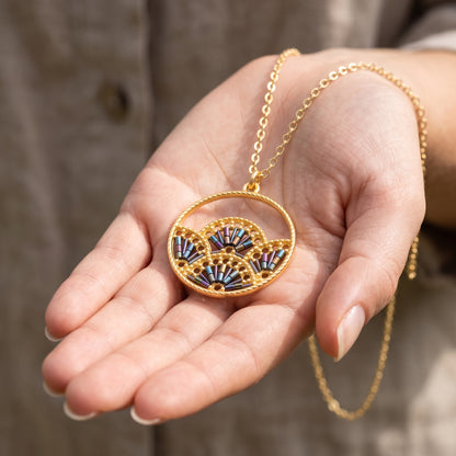 Woven Fan Pendant Necklace | Black Seed Bead Statement Necklace