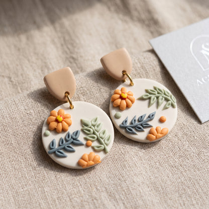 Handmade Polymer Clay Floral Drop Earrings Terracotta Cream Gold Boho New