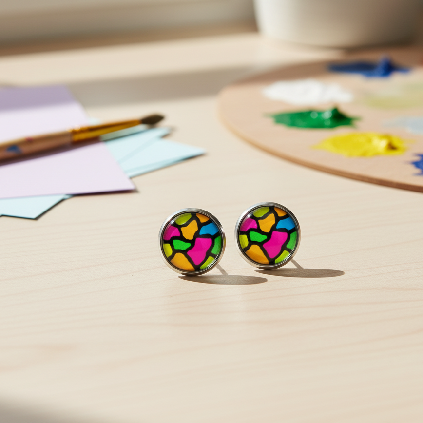 Colourful Stained Glass Style Stud Earrings – Vibrant Rainbow Pattern, Stainless Steel