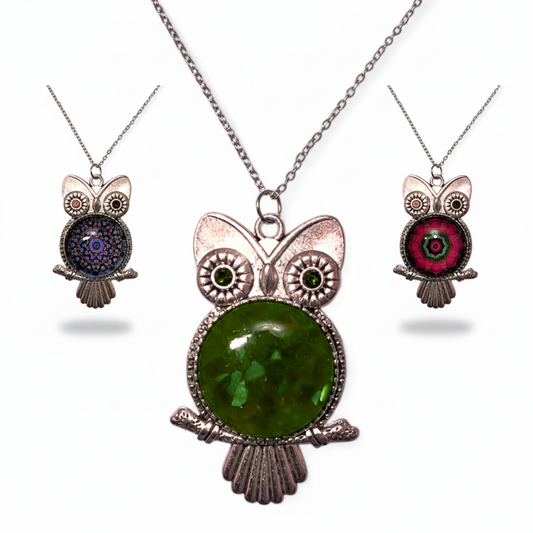Owl Necklace – Antique Silver Rhodium Plated Pendant with Glass Dome & Rhinestone Eyes