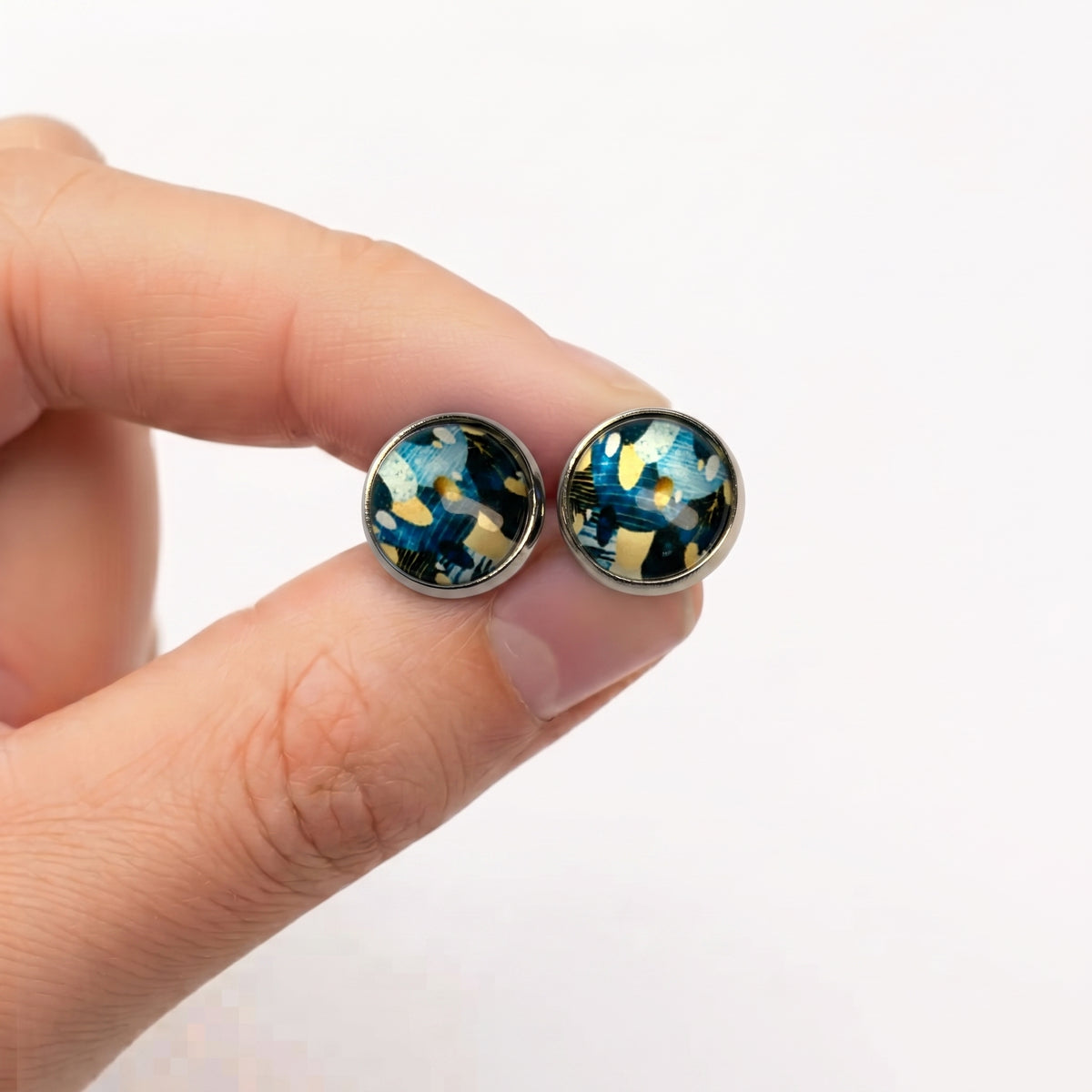Geometric Print Stud Earrings | Colourful Glass Cabochon Studs | 12mm