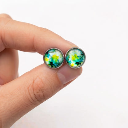 Watercolour Stud Earrings | Colourful Glass Dome Studs | 12mm