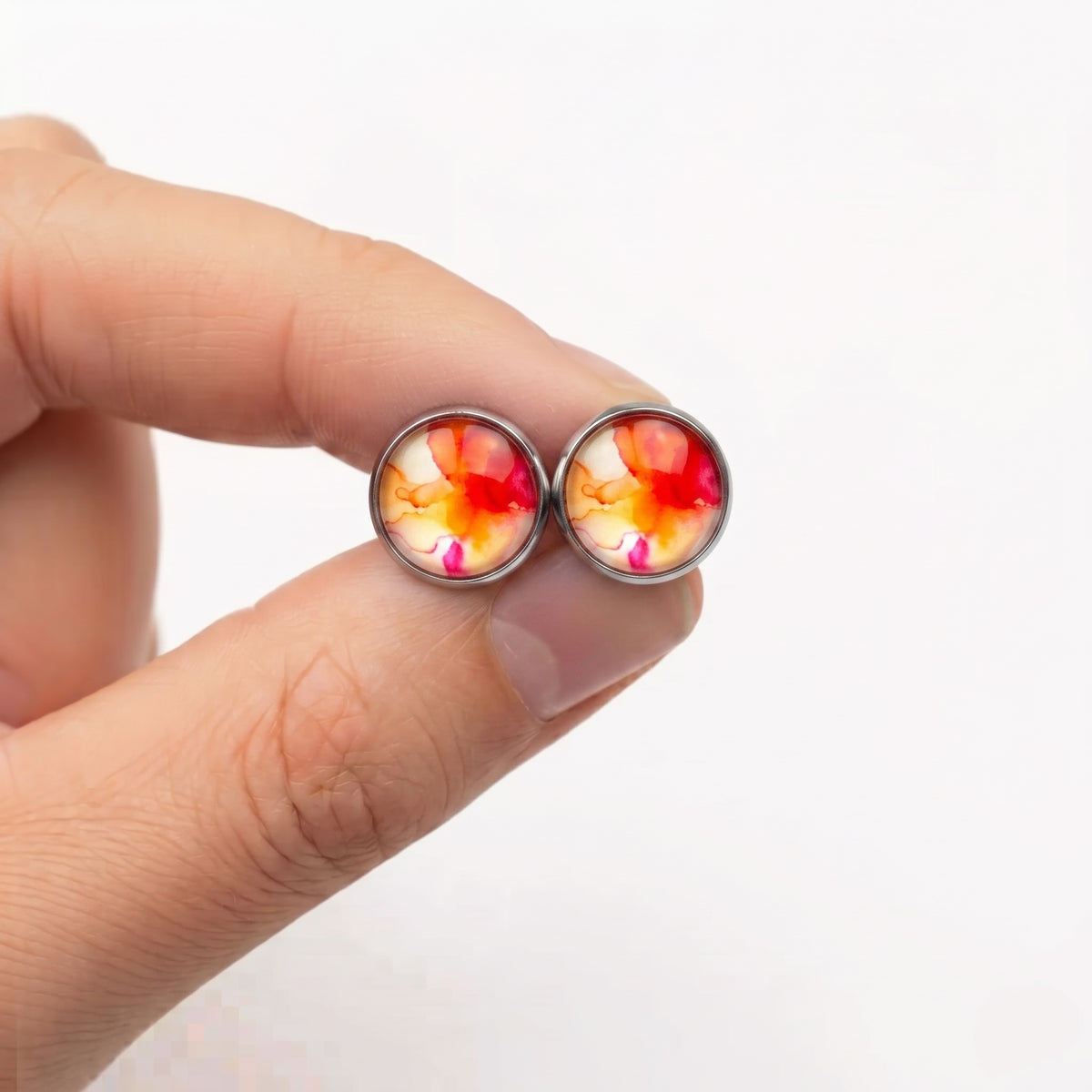 Watercolour Stud Earrings | Colourful Glass Dome Studs | 12mm