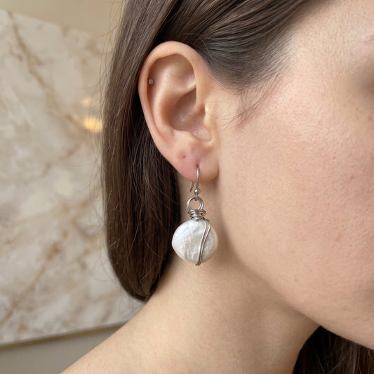 Wire Wrapped Pearl Drop Earrings | Freshwater Coin Pearl Dangles