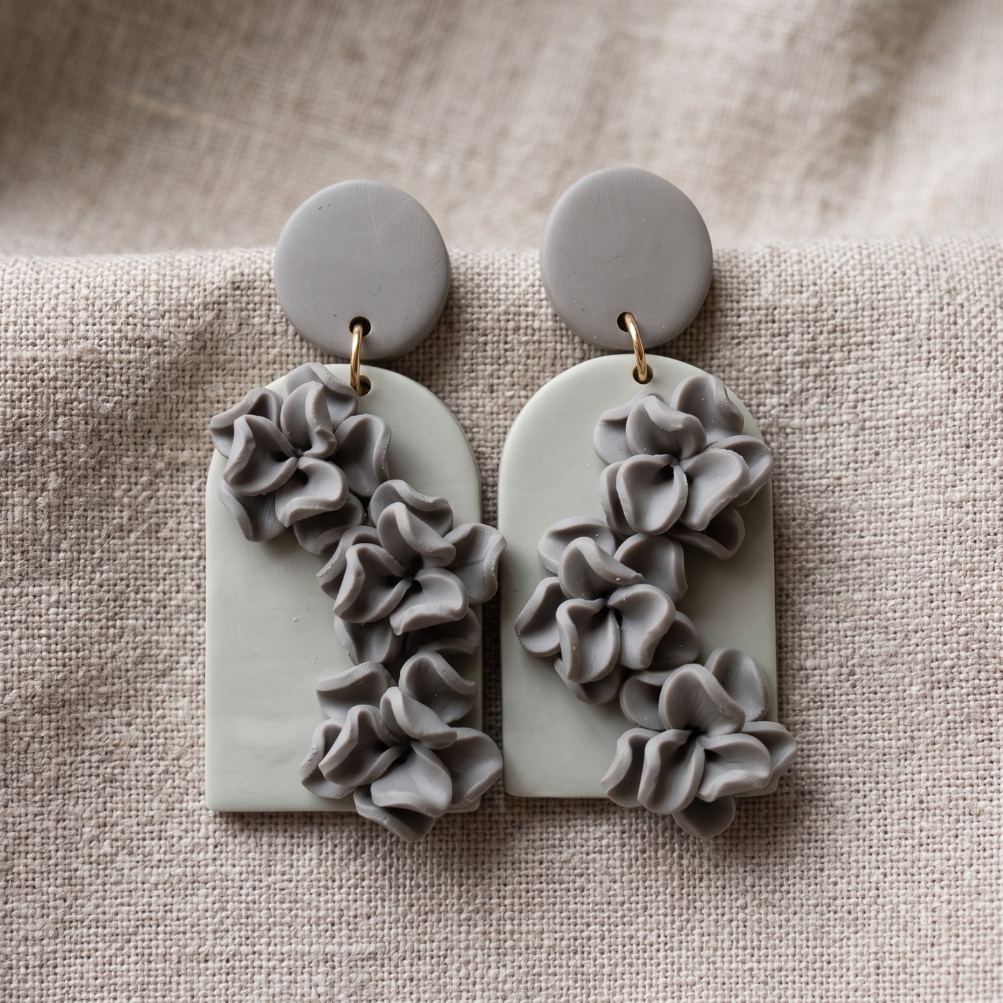 Handmade Polymer Clay Floral Drop Earrings Grey Charcoal Gold Tone Statement New