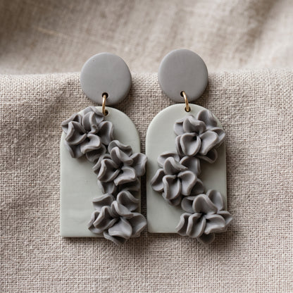 Handmade Polymer Clay Floral Drop Earrings Grey Charcoal Gold Tone Statement New