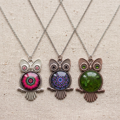 Mystical Owl Pendant Necklace | Antique Silver Glass Dome | 3 Colours