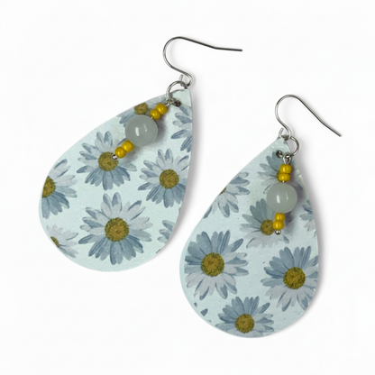Handmade Sunflower Teardrop Earrings – Lightweight Faux Leather Dangles with Silver Hooks
