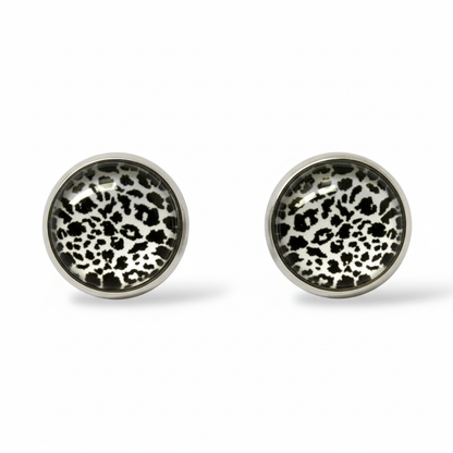 Animal Print Stud Earrings – Rhodium Plated Silver Colour, Everyday Jewellery White Snow Leopard