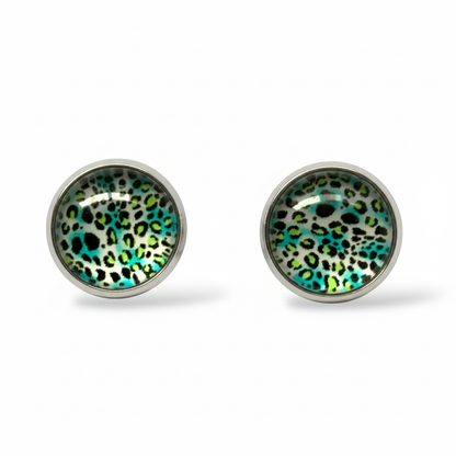 Animal Print Stud Earrings – Rhodium Plated Silver Colour, Everyday Jewellery Blue Leopard