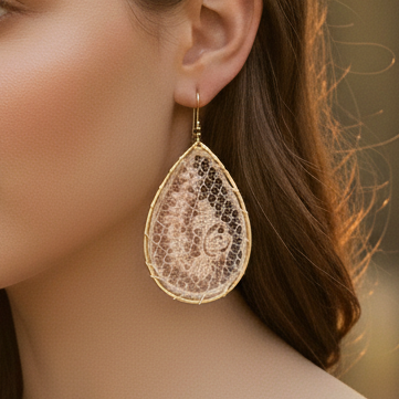 Pink Lace Flower Teardrop Earrings | Woven Gold Dangle Earrings