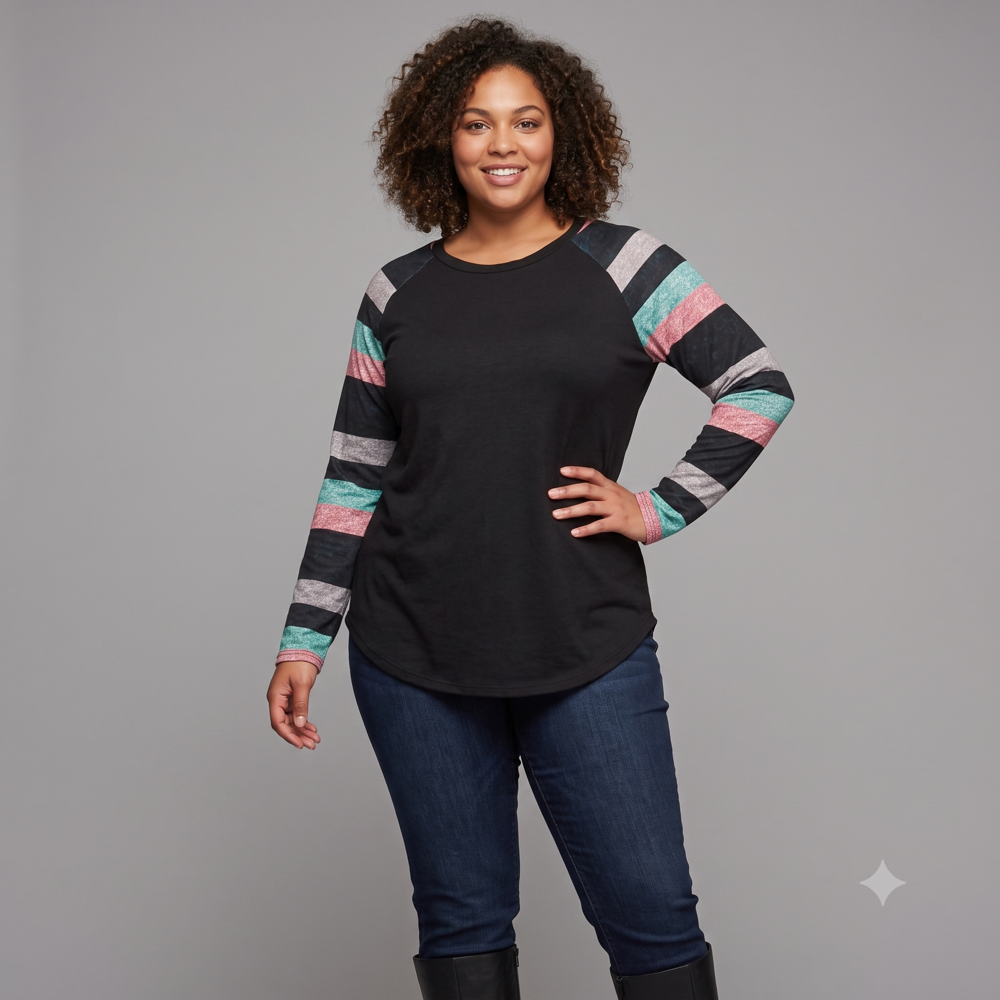 Shein Curve Women's Striped Top | Black Multicolor | Long Sleeve | 2XL (20-22) | New