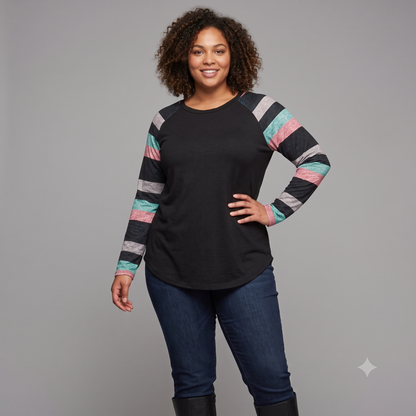 Shein Curve Women's Striped Top | Black Multicolor | Long Sleeve | 2XL (20-22) | New