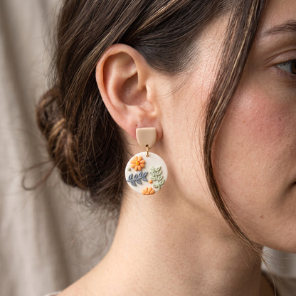 Handmade Polymer Clay Floral Drop Earrings Terracotta Cream Gold Boho New