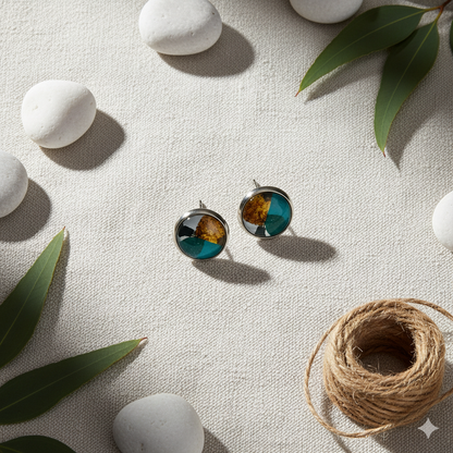 Geometric Glass Cabochon Stud Earrings 12mm | Colourful Artwork Design Silver Plated