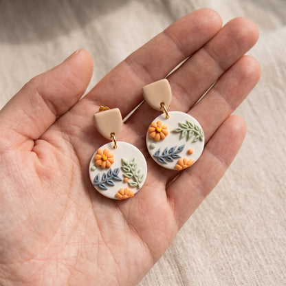 Handmade Polymer Clay Floral Drop Earrings Terracotta Cream Gold Boho New