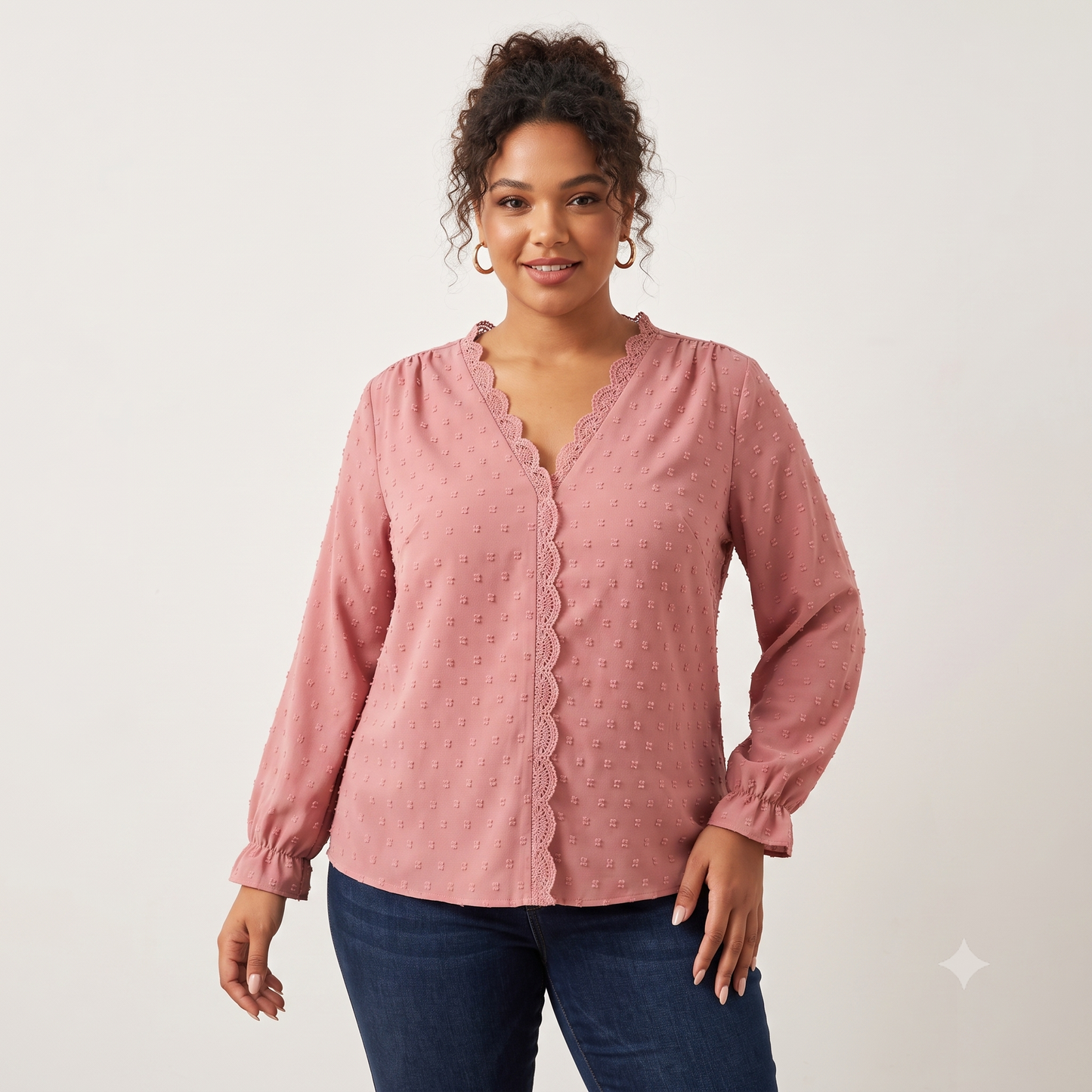 Shein Women's 2XL Pink Swiss Dot Blouse Lace Trim NWOT