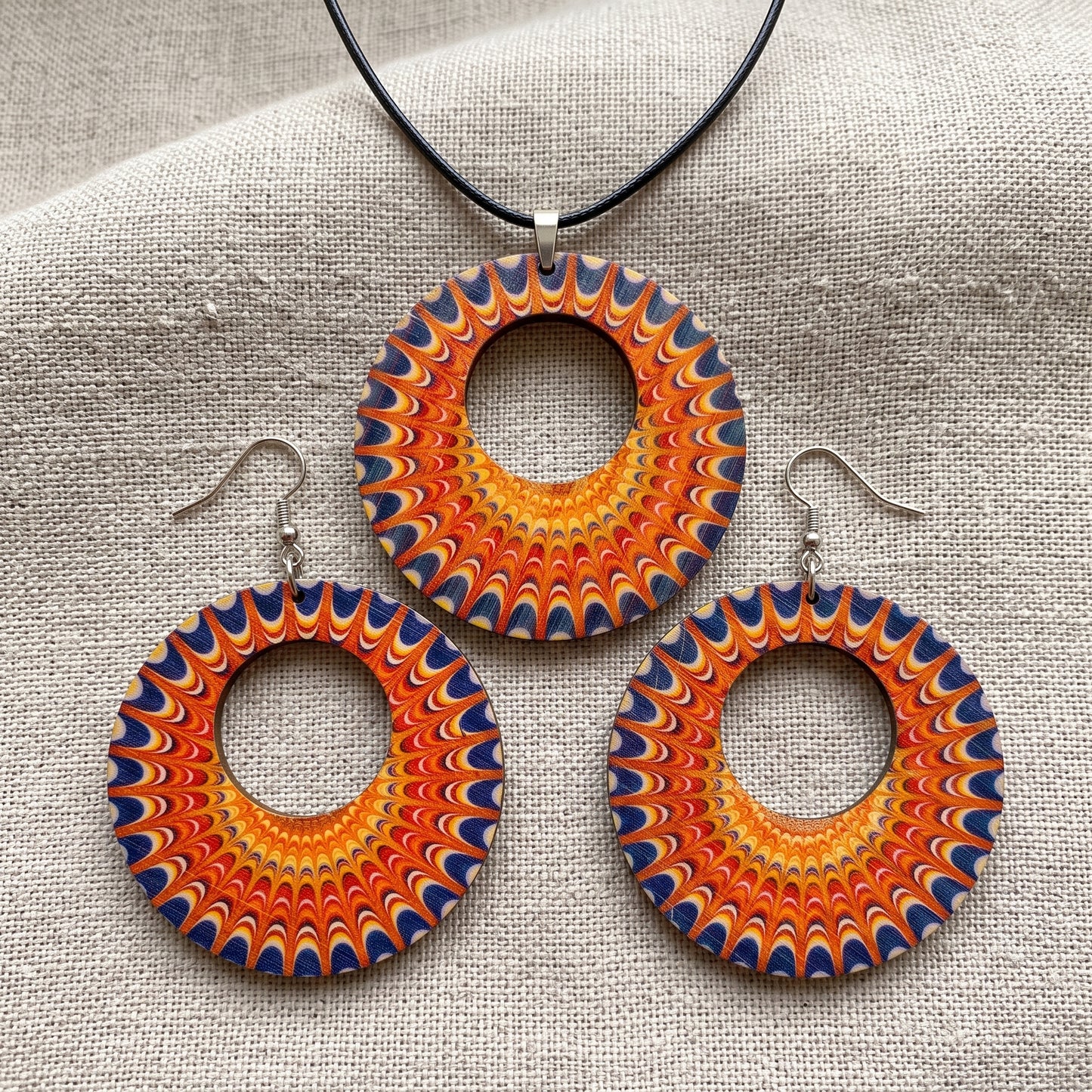Boho Wooden Necklace & Earrings Set – Style 6, Handmade Matching Printed Wood Jewellery