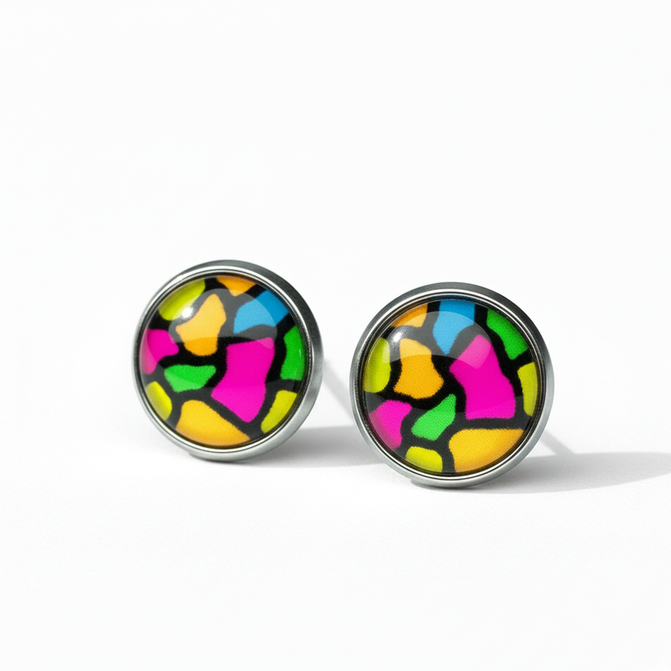 Colourful Stained Glass Style Stud Earrings – Vibrant Rainbow Pattern, Stainless Steel
