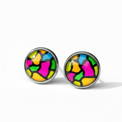 Colourful Stained Glass Style Stud Earrings – Vibrant Rainbow Pattern, Stainless Steel