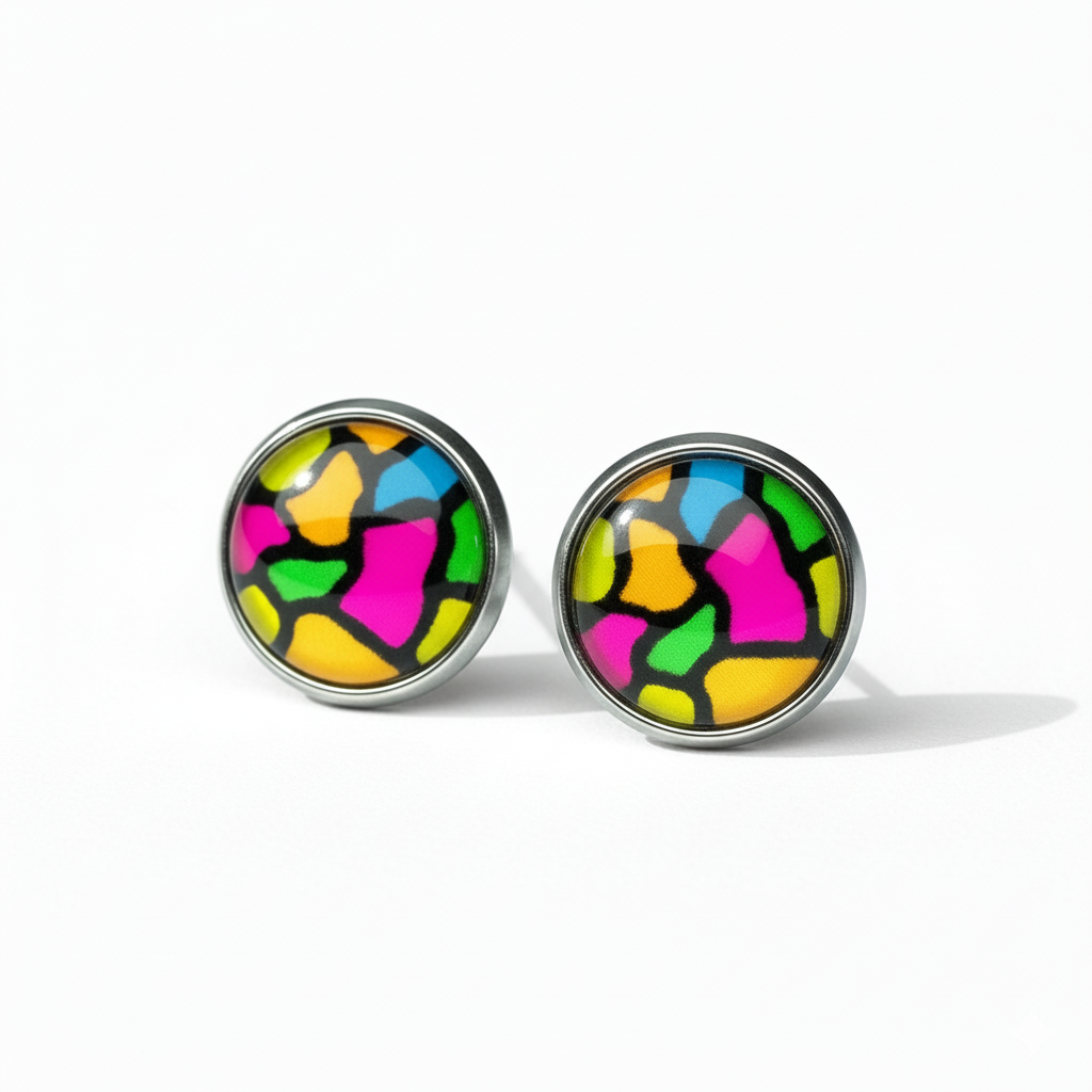 Colourful Stained Glass Style Stud Earrings – Vibrant Rainbow Pattern, Stainless Steel